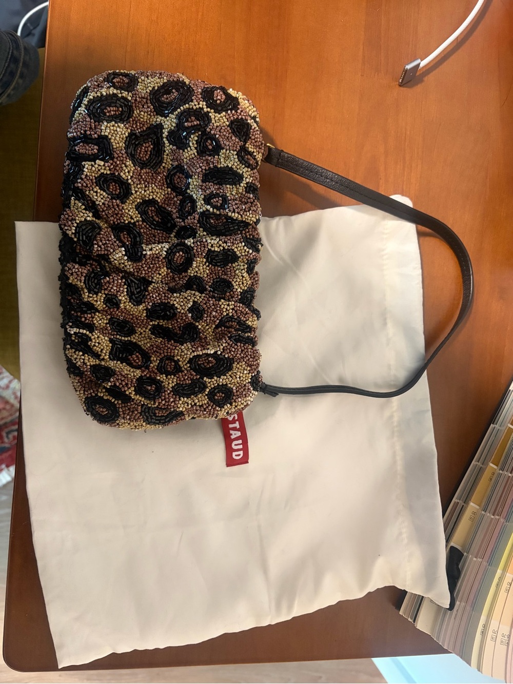 STAUD bean bag Leopard Beaded Shoulder Bag in Black and Tan